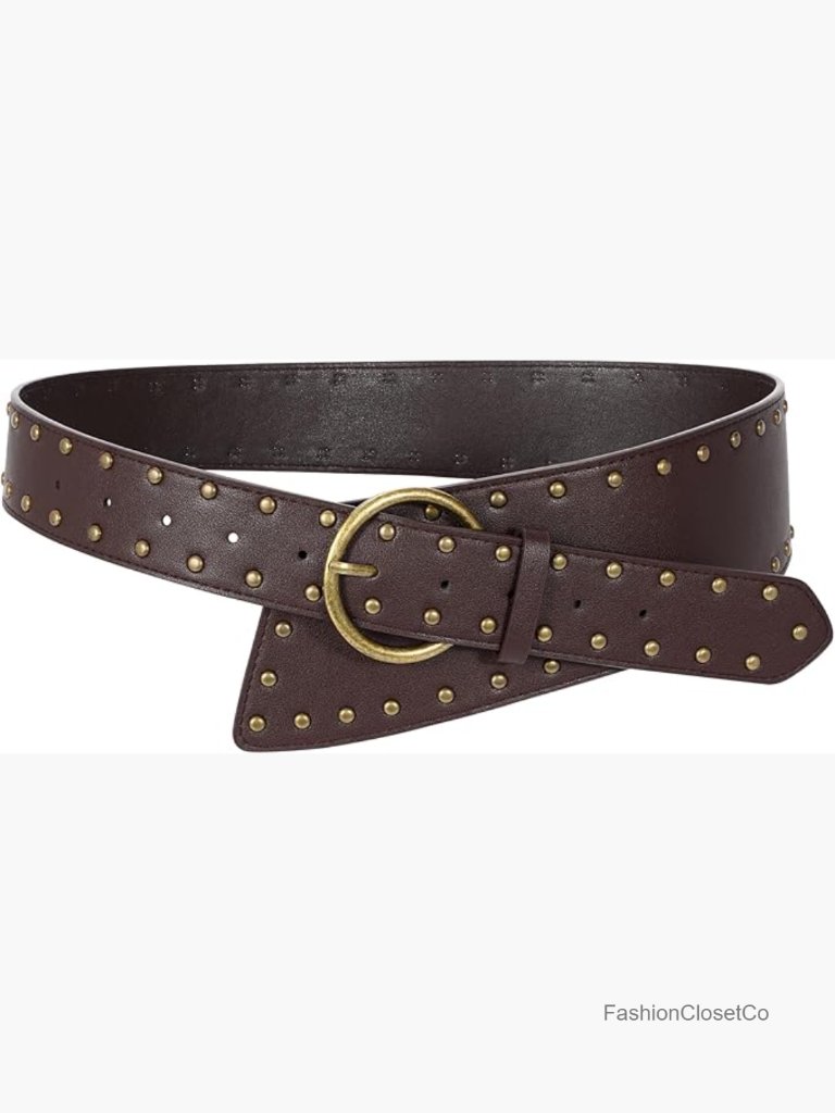 Wide Waist Belt With Rivet-Studded Faux Leather Gold Pin Buckle Dress Accessory